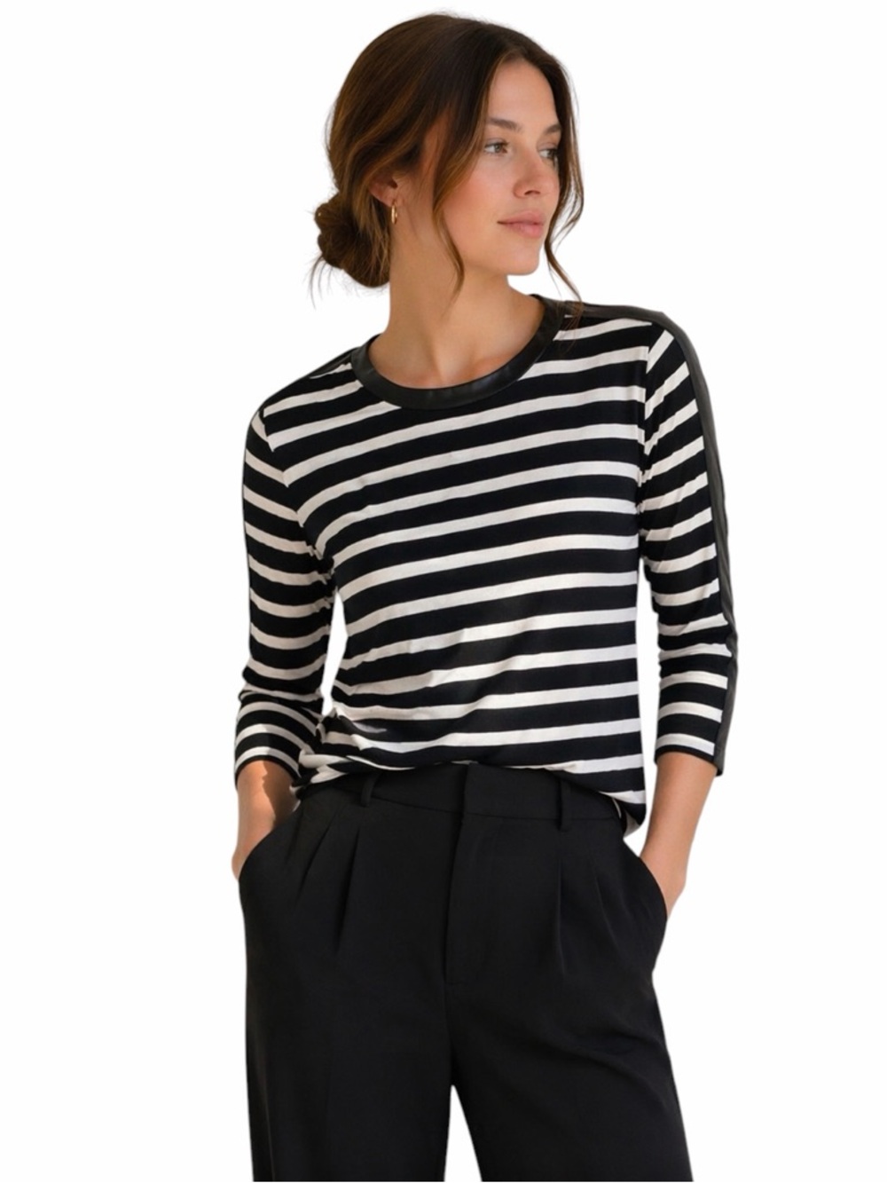 J.Crew Black White Striped Top M 3/4 Sleeve Breton Parisian Chic